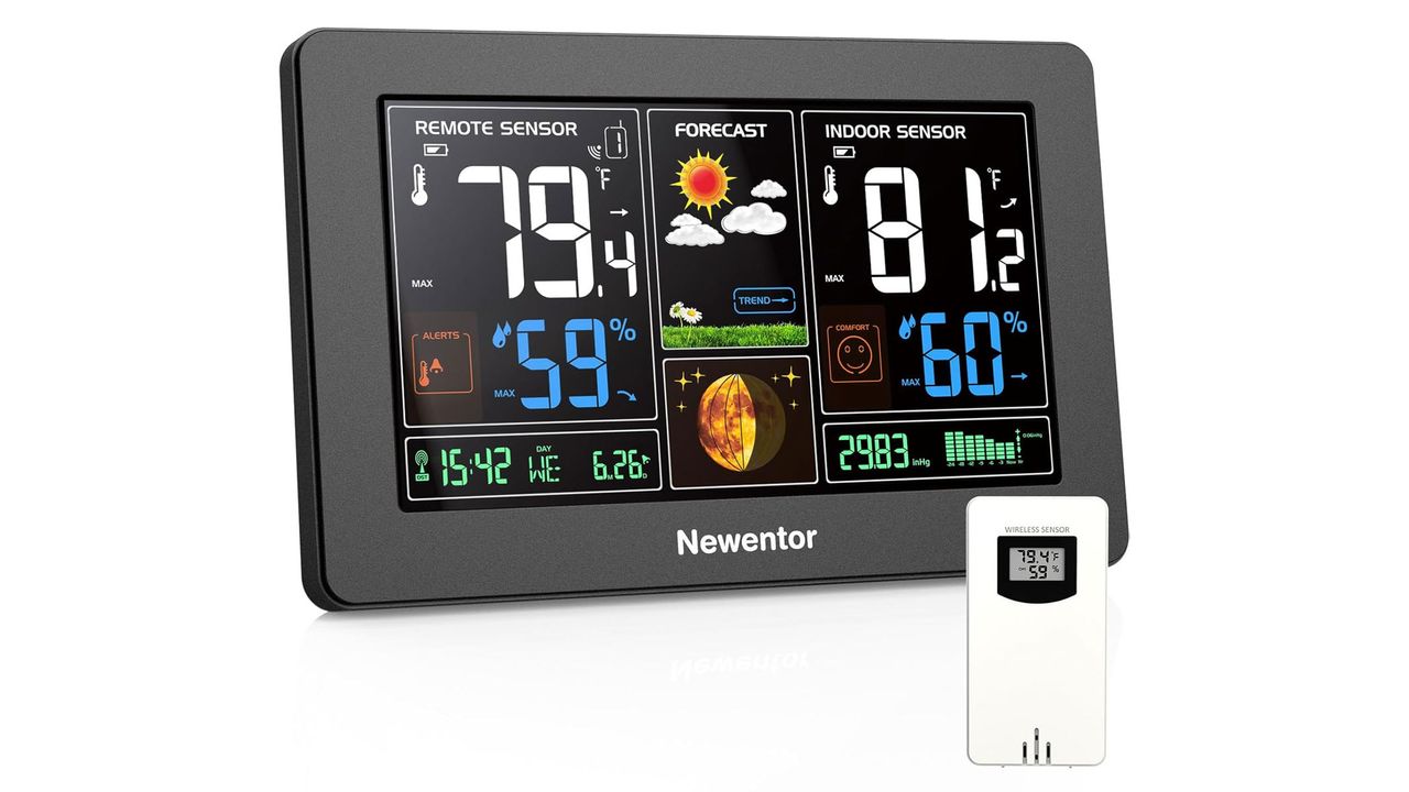 The Newentor weather station home display unit and sensor on a white background.