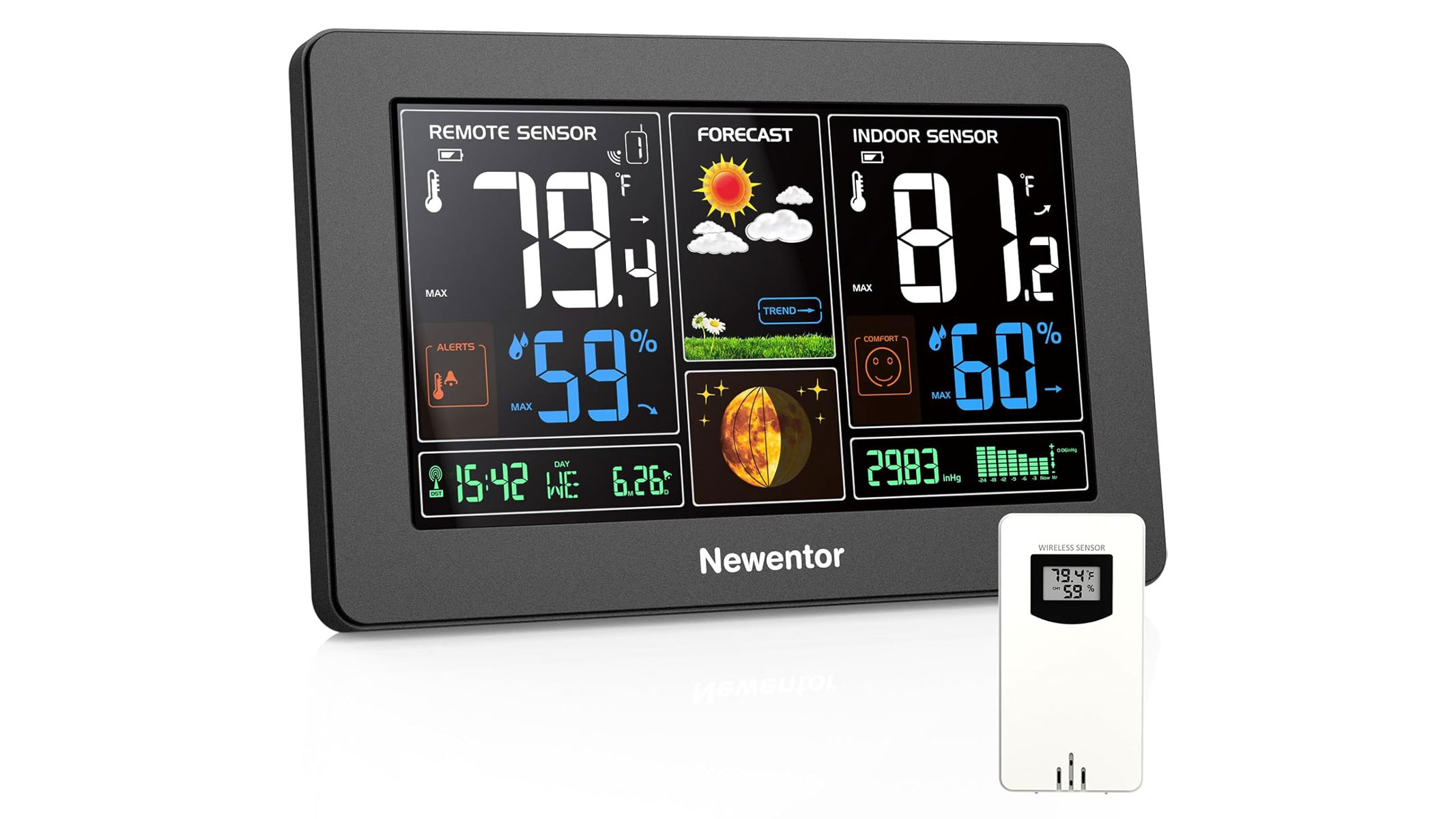 The Newentor weather station home display unit and sensor on a white background.