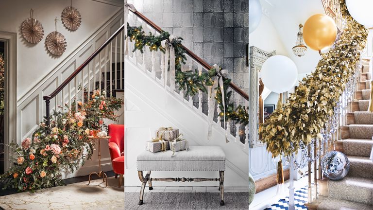 A composite of Christmas stair decor ideas 
