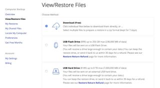BackBlaze's settings for viewing and restoring files