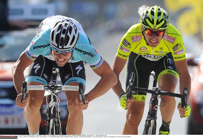 Tom Boonen tops Filippo Pozzato to win the 2012 Tour of Flanders on the new course