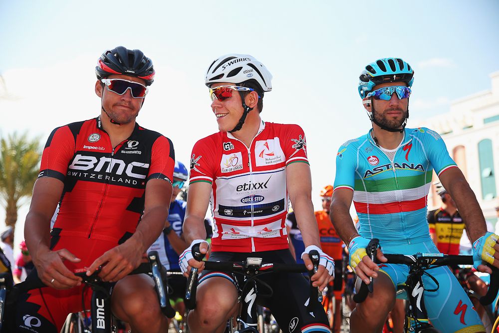 Greg Van Avermaet of Belgium and the BMC Racing Team, Race leader Bob Jungels of Luxembourg and Etixx-Quick Step and Vincenzo Nibali of Italy and the Astana Pro Team