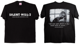 A black t-shirt featuring a blurry picture of a woman above a quote that says "All you care about is that dead wife of yours". The URL www.online-ceramics.com appears below it.