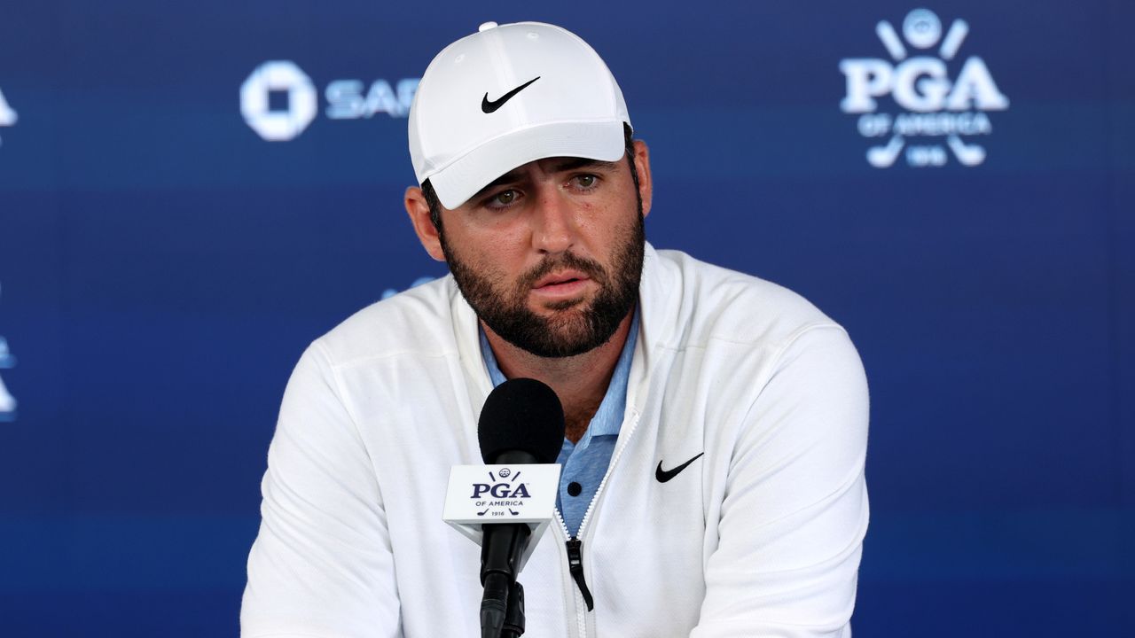 Scottie Scheffler talks to the media after the second round of the PGA Championship