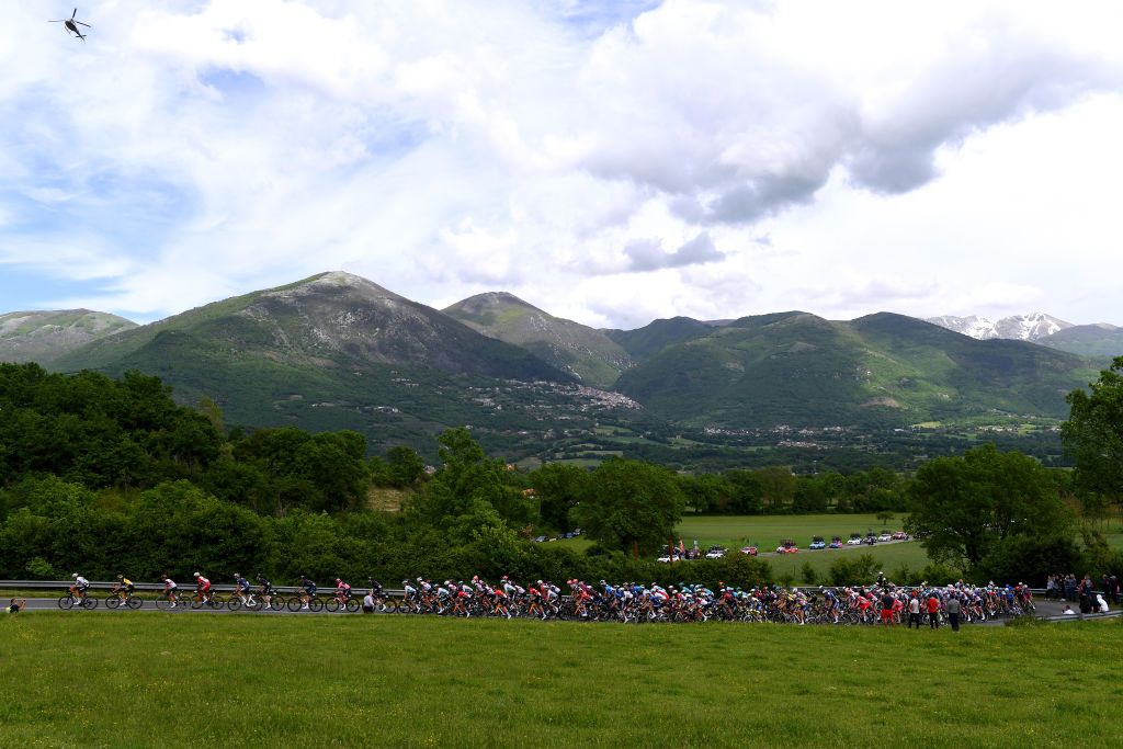 FOLIGNO ITALY MAY 17 The peloton passing through Piediluco 381m landscape during the 104th Giro dItalia 2021 Stage 10 a 139km stage from LAquila to Foligno girodiitalia Giro on May 17 2021 in Foligno Italy Photo by Tim de WaeleGetty Images