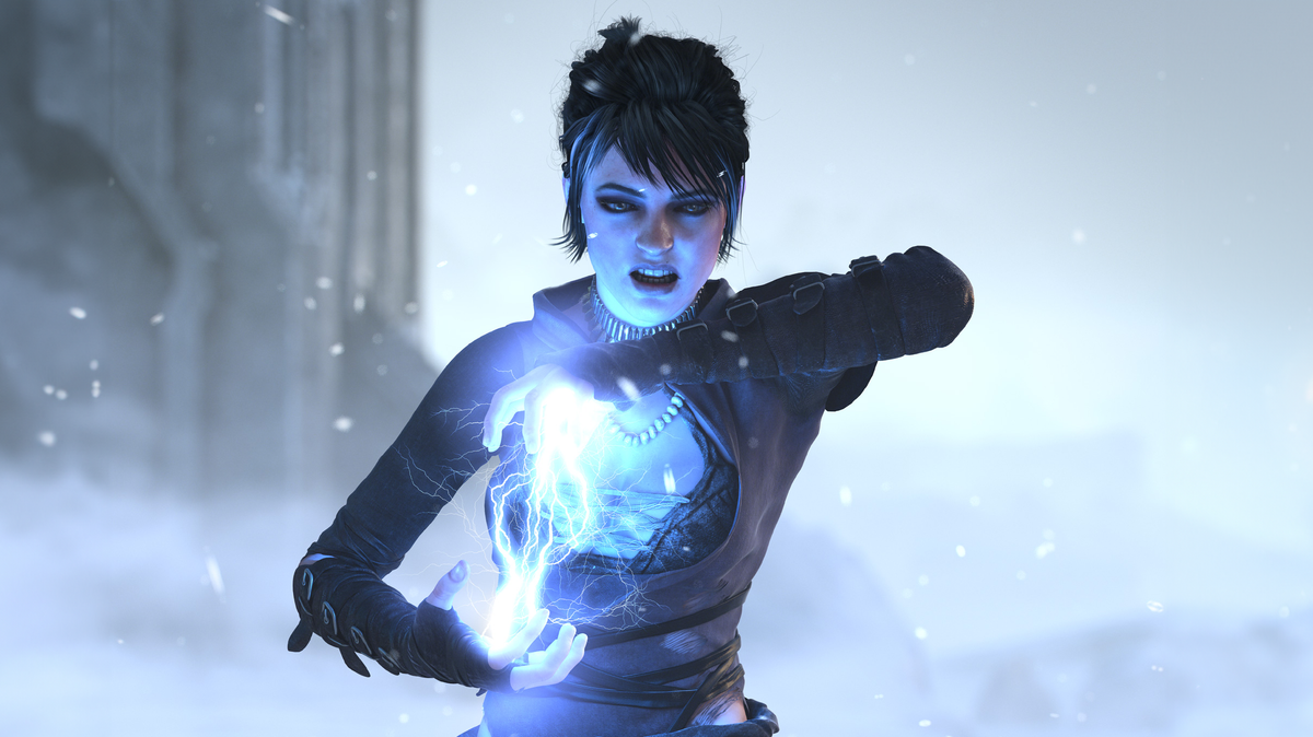 Fantasy RPG Dragon Age character Morrigan the witch of the wilds generating an electricity ball