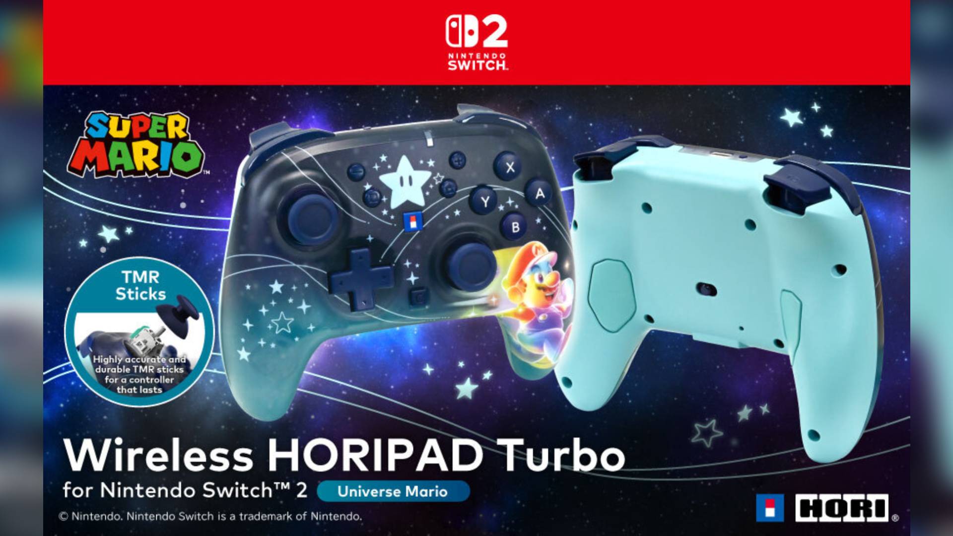 Image of the front and back of the Hori Super Mario Galaxy Switch 2 controller.