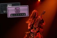 Zakk Wylde is bathed in red light and shreds onstage &ndash; an inset picture of his new signature tube amp, one in black, one limited edition version in purple