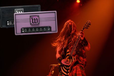 Zakk Wylde is bathed in red light and shreds onstage &ndash; an inset picture of his new signature tube amp, one in black, one limited edition version in purple