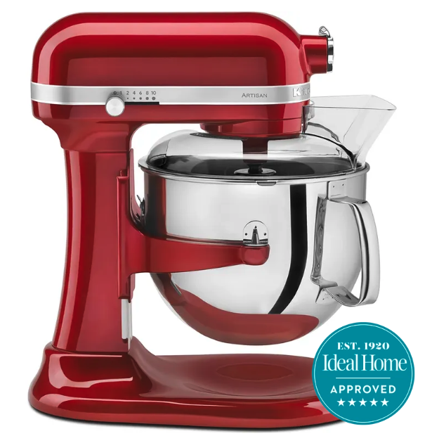 A red KitchenAid with a bowl-lift design and a 5 star blue Ideal Home approved badge in the right hand corner