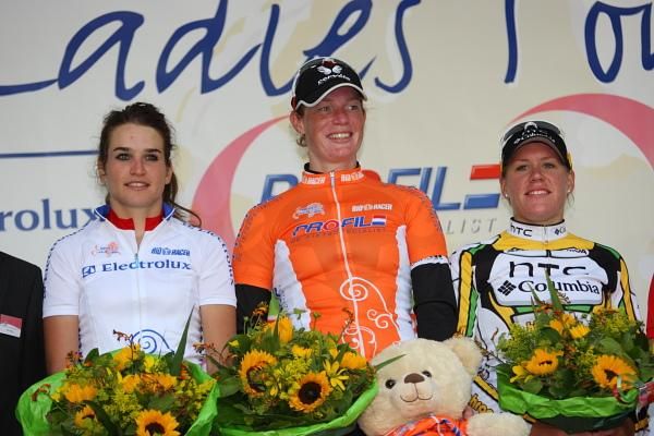 Young rider competition leader Joelle Numainville (Canada), race leader Kirsten Wild (Cervelo Test Team) and stage winner Ellen van Dijk (HTC - Columbia Women).