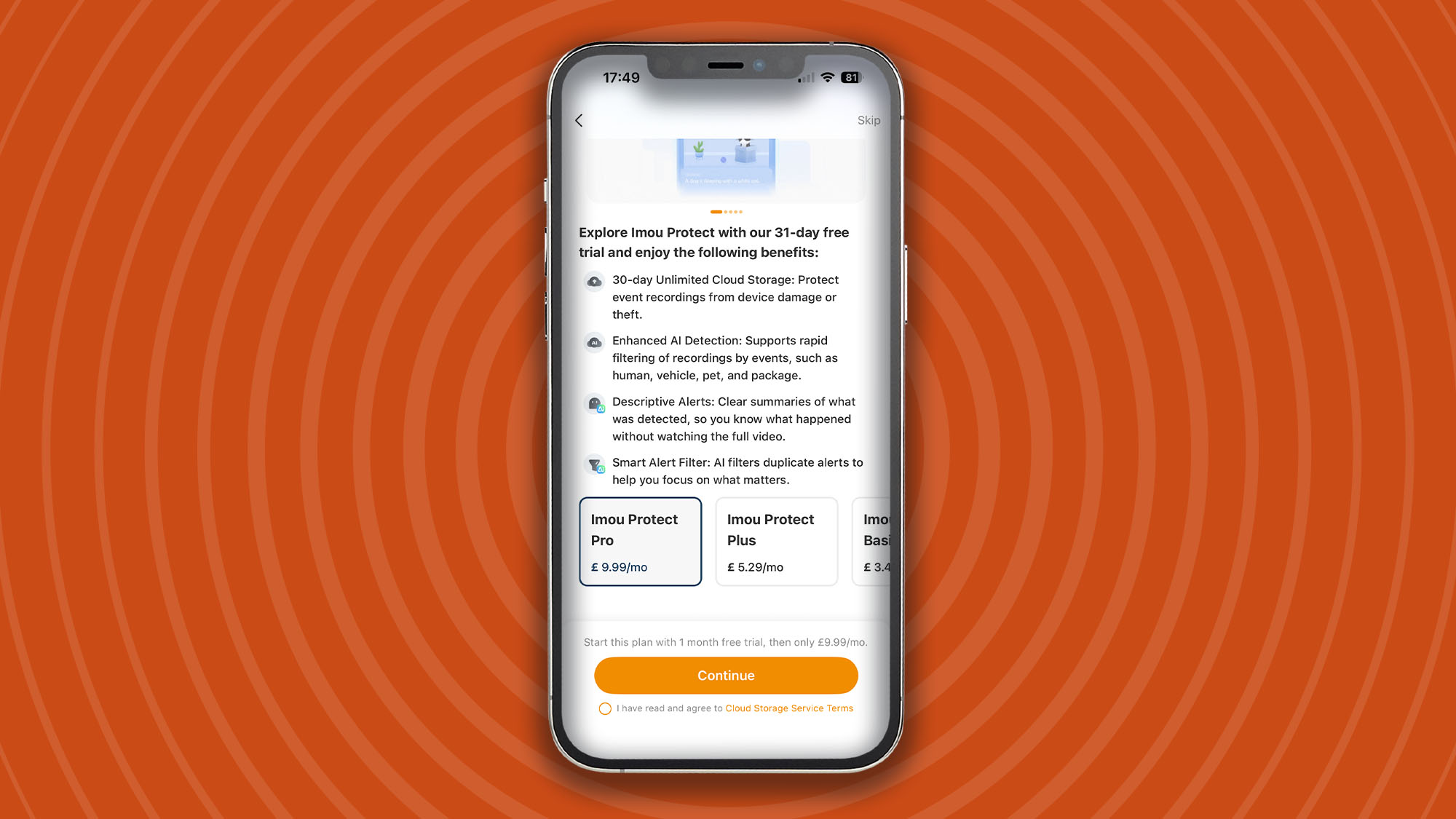 IMOU Cell 3C All-in-One Security Camera subscription offer on iPhone
