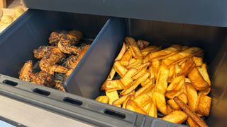 Fries and wings cooked using Cosori Dual Blaze Twinfry 10L Air Fryer