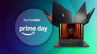 Three gaming laptops on a TechRadar Prime Day banner with a blue and green background.