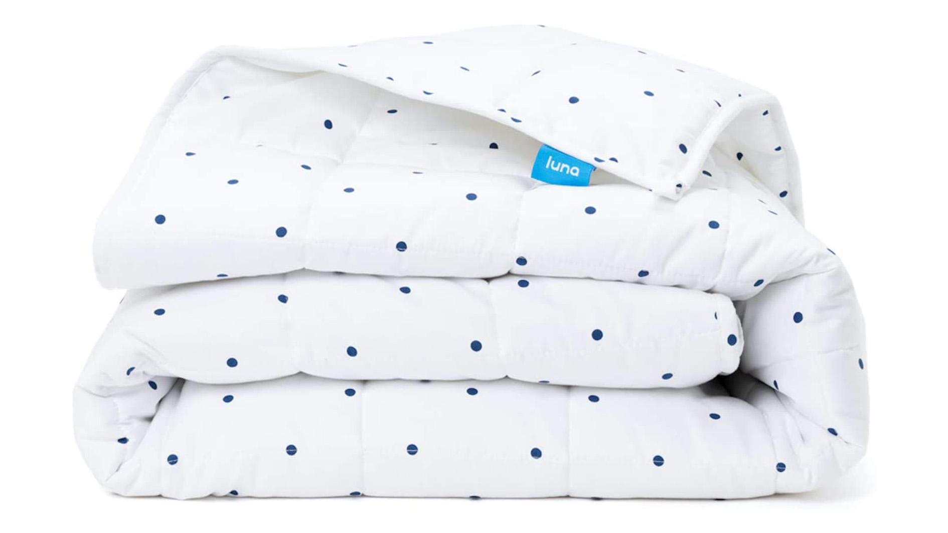 Luna Weighted Blanket review: the Luna Cotton Weighted Blanket in white with black polka dots