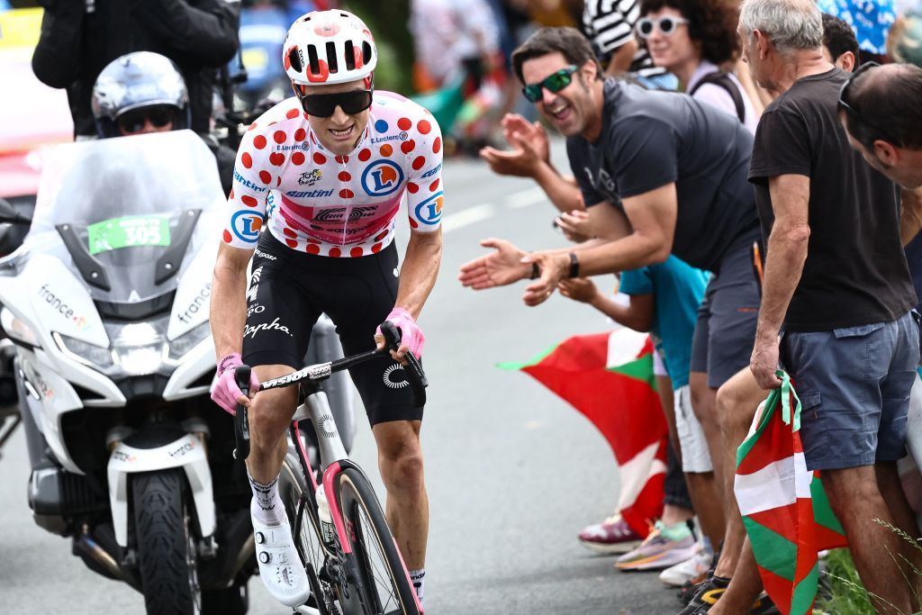 EF Education Easyposts US rider Neilson Powless wearing the best climbers polka dot dotted jersey cycles in a breakaway during the 2nd stage of the 110th edition of the Tour de France cycling race 2089 km between VitoriaGasteiz and San Sebastian in northern Spain on July 2 2023 Photo by AnneChristine POUJOULAT AFP Photo by ANNECHRISTINE POUJOULATAFP via Getty Images