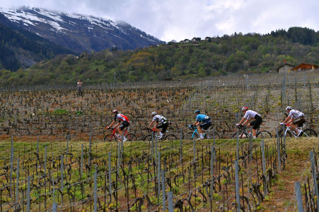 MARTIGNY SWITZERLAND APRIL 28 Filippo Conca of Italy and Team Lotto Soudal Manuele Boaro of Italy and Team Astana Premier Tech Robert Power of Australia and Team Qhubeka Assos Alexis Gougeard of France and AG2R Citren Team Joel Suter of Switzerland and Team Switzerland passing through vineyard landscape during the 74th Tour De Romandie 2021 Stage 1 a 1681km stage from Aigle to Martigny Breakaway Mountain Snow TDR2021 TDRnonstop UCIworldtour on April 28 2021 in Martigny Switzerland Photo by Luc ClaessenGetty Images