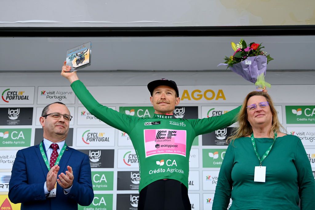 LAGOAPRAIA DO CARVOEIRO ALGARVE PORTUGAL FEBRUARY 19 Magnus Cort Nielsen of Denmark and Team EF Education Easypost celebrates at podium as Green Points Jersey winner during the 49th Volta ao Algarve em Bicicleta 2023 Stage 5 a 244km individual time trial stage from Lagoa to Lagoa VAlgarve2023 on February 19 2023 in Lagoa Algarve Portugal Photo by Tim de WaeleGetty Images