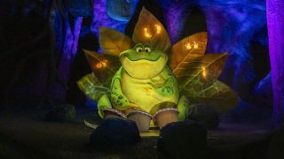 bongo playing frog in Tiana's Bayou Adventure at Disneyland