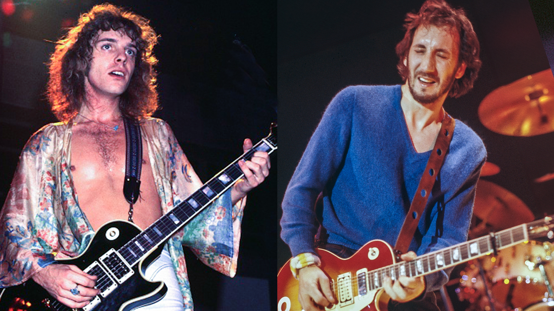 LEFT: Peter FRAMPTON, performing live onstage, playing Gibson Les Paul Custom. RIGHT: Pete Townshend of The Who plays his 1975 Gibson Les Paul deluxe #9 guitar on stage, September 1979.