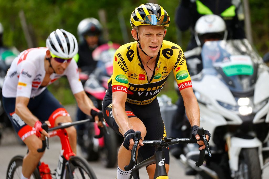 Team Jumbos Dutch rider Koen Bouwman rides during a 7men breakaway in the 7th stage of the Giro dItalia 2022 cycling race 196 kilometers between Diamante and Potenza southwestern Italy Photo by Luca Bettini AFP Photo by LUCA BETTINIAFP via Getty Images