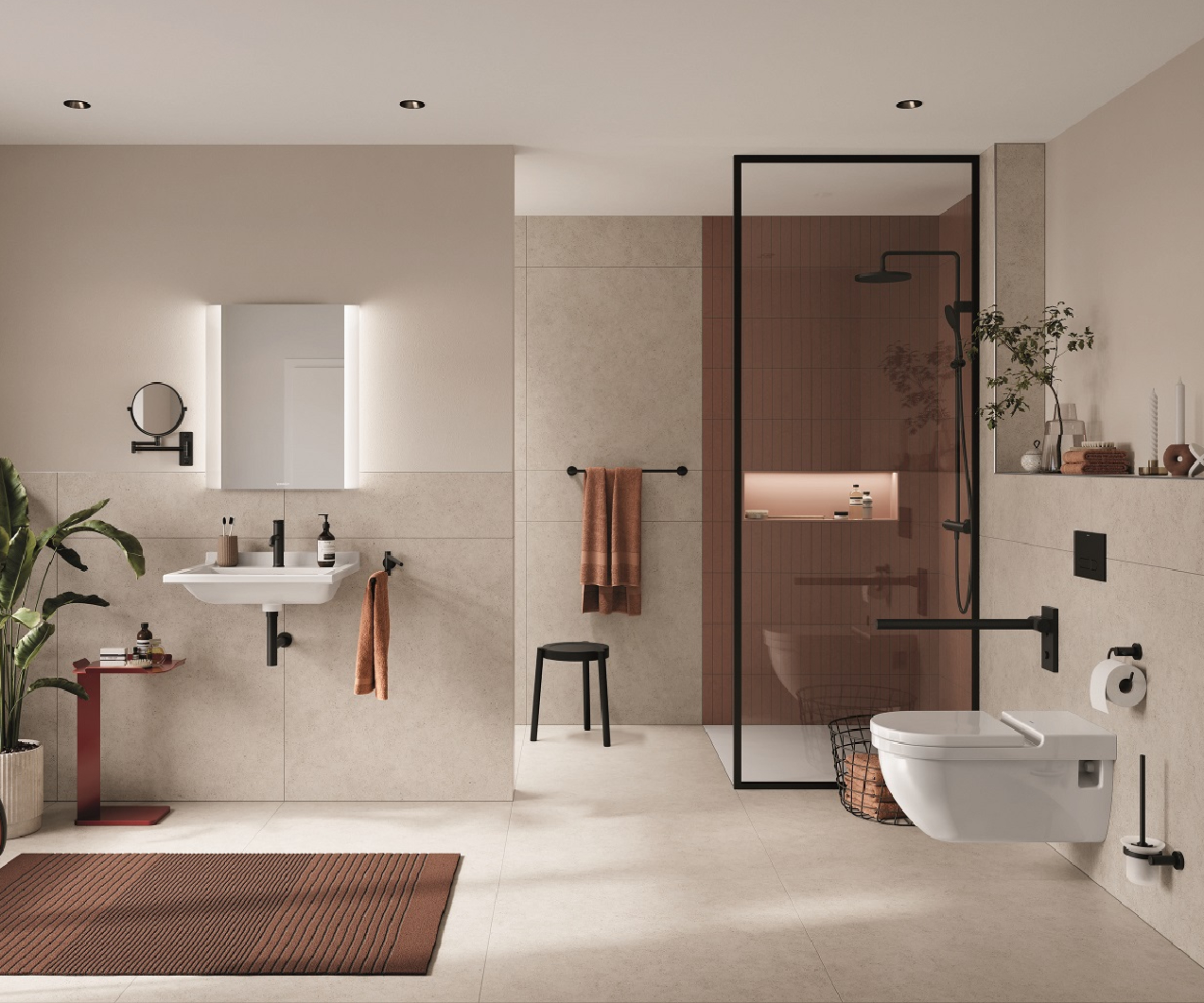bathroom with walk in shower and accessible bathroom design