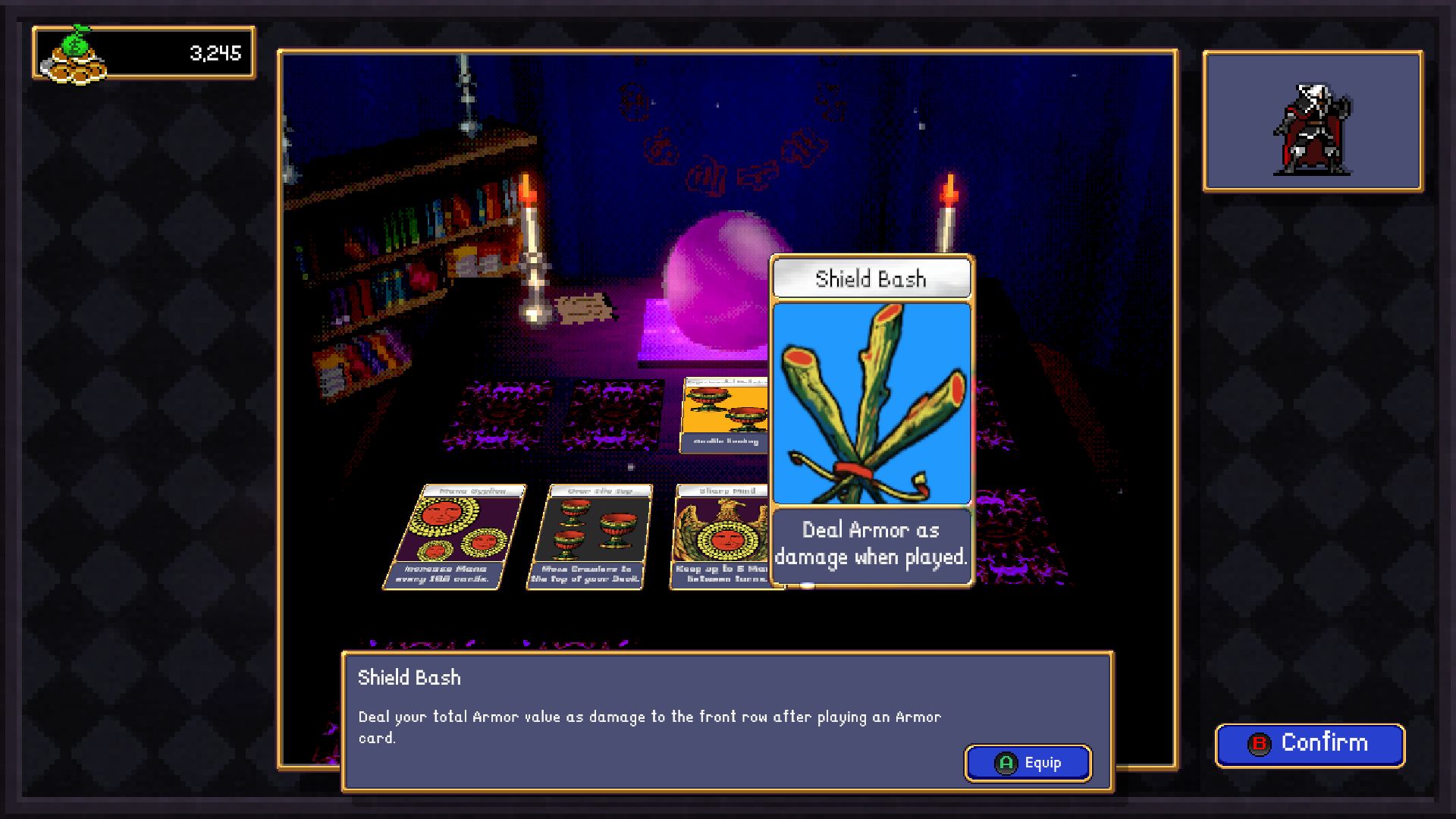 A dark, mystical room with a glowing crystal ball, candles, and a shelf of books. A card game is displayed, highlighting a card titled "Shield Bash" with text "Deal Armor as damage when played."