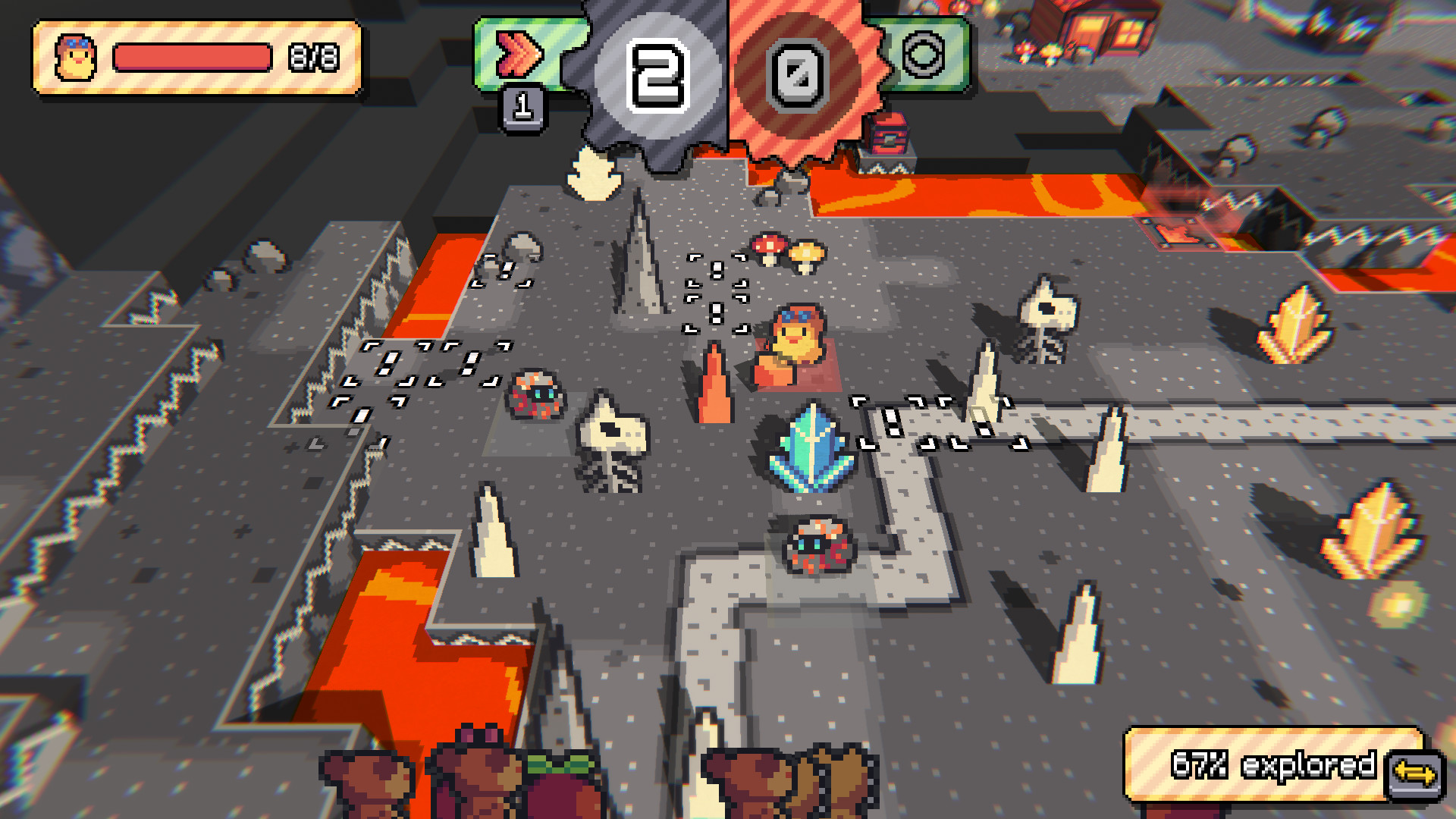 Paper Animal gameplay in a later game, lava pit themed area with charred ash terrain and rivers of lava.