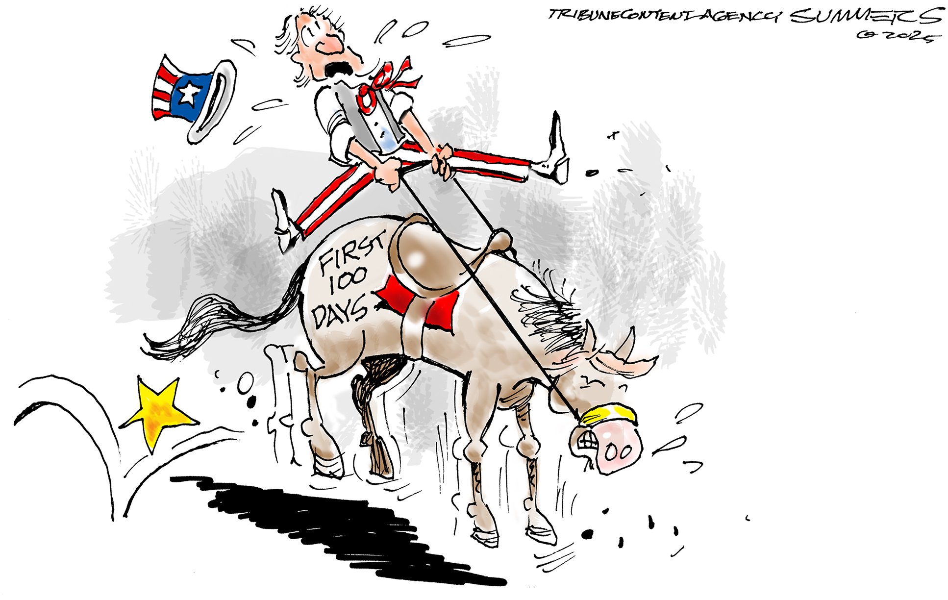 This cartoon depicts Uncle Sam riding a donkey that is bucking wildly, with stars and stripes flying off. The donkey has a saddle blanket labeled "FIRST 100 DAYS."