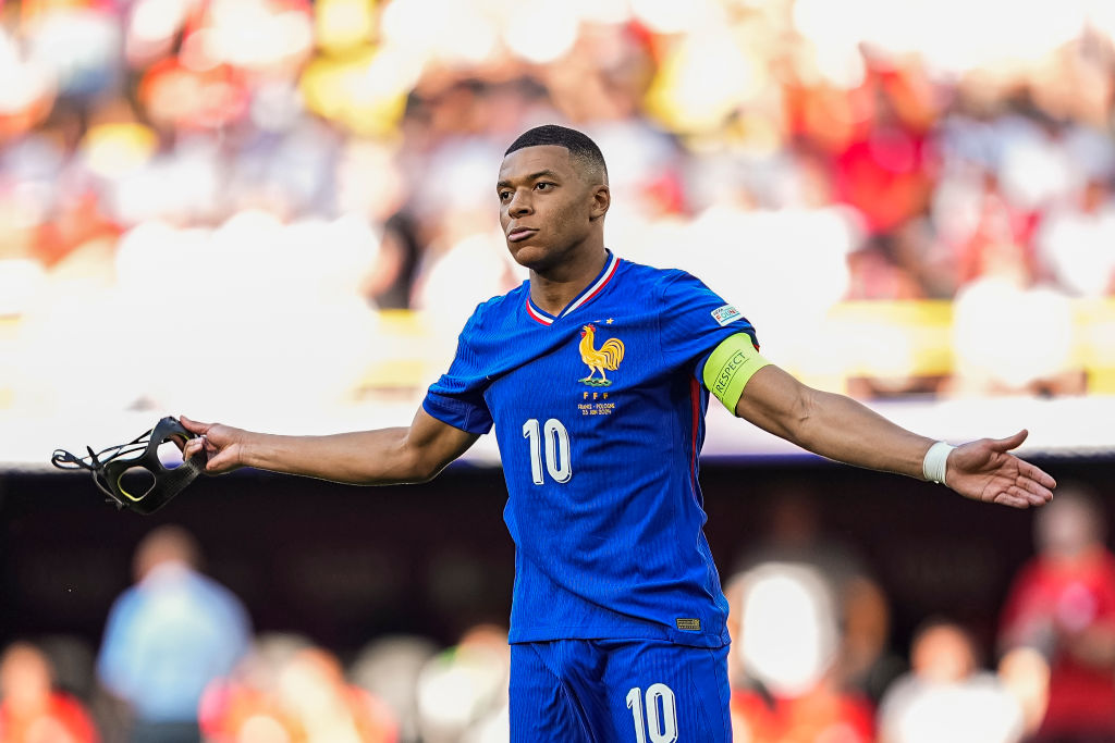 Kylian Mbappé of France celebrates his goal by free kick during the UEFA EURO 2024 group stage match between France and Poland at Football Stadium Dortmund on June 25, 2024 in Dortmund, Germany. (Photo by Daniela Porcelli/Eurasia Sport Images/Getty Images)