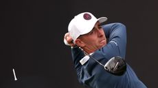 David Puig hits his drive on the 18th during the final round of the 2026 Dubai Desert Classic