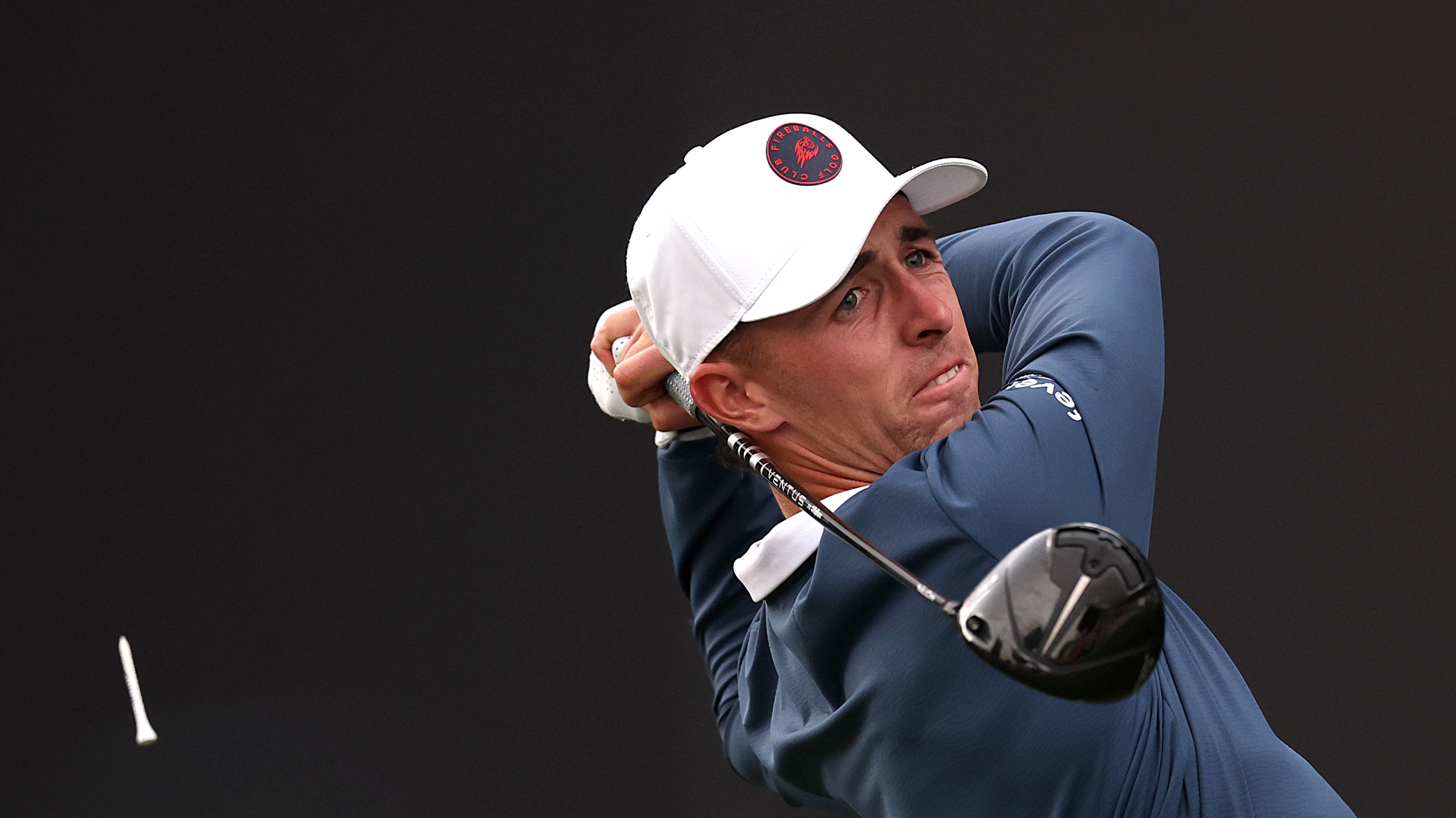 David Puig hits his drive on the 18th during the final round of the 2026 Dubai Desert Classic