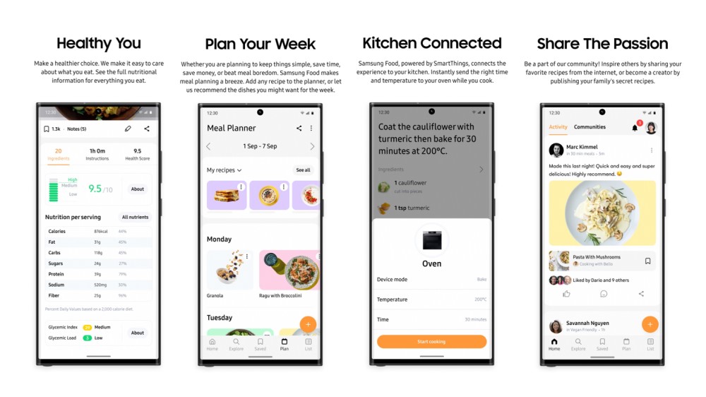 A Samsung Food coleta dados do usuário para fornecer recomendações dietéticas diárias e planos de refeições semanais.