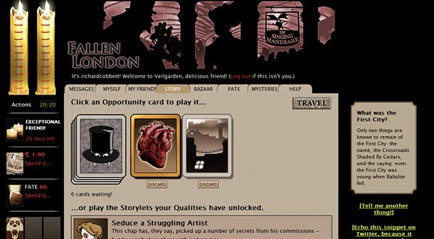 In Fallen London, any fate can be yours at the flip of a card.