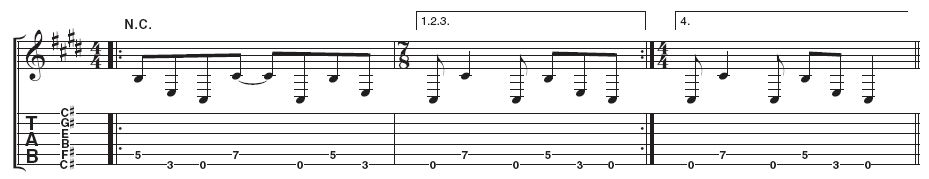 Riff 1: If you use fingers 3 and 1 you should notice how this riff is based on two power chord shapes (which appear in riff 3). For the stretch out to the 7th fret C#, you may like to use your 4th finger to avoid moving too far out of position. A little bit of vibrato sounds good on this note, as Wes demonstrates.
