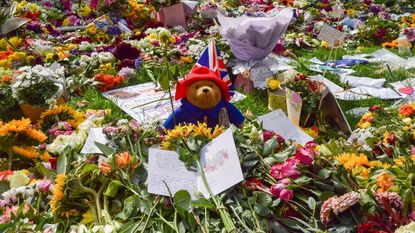 A Paddington Bear toy sits among the floral tributes for the Queen in Green Park. Many of the flowers were moved from outside Buckingham Palace while thousands of people also brought new floral tributes. Queen Elizabeth II died on September 8th, aged 96.