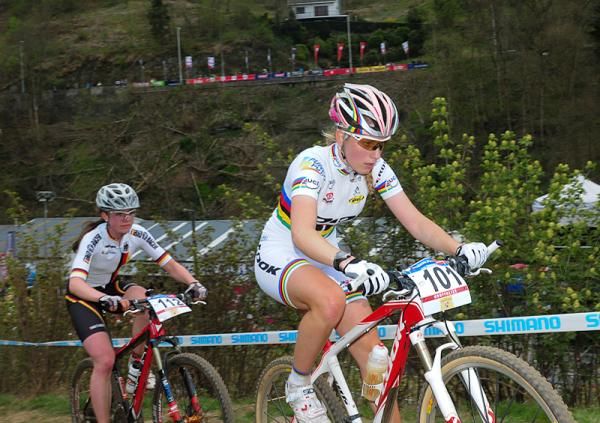 World Cup Champion Pauline Ferrand Prevot (France) heads uphill.