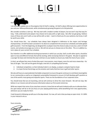 Greg Norman's open letter to PGA Tour members, with further details expected today