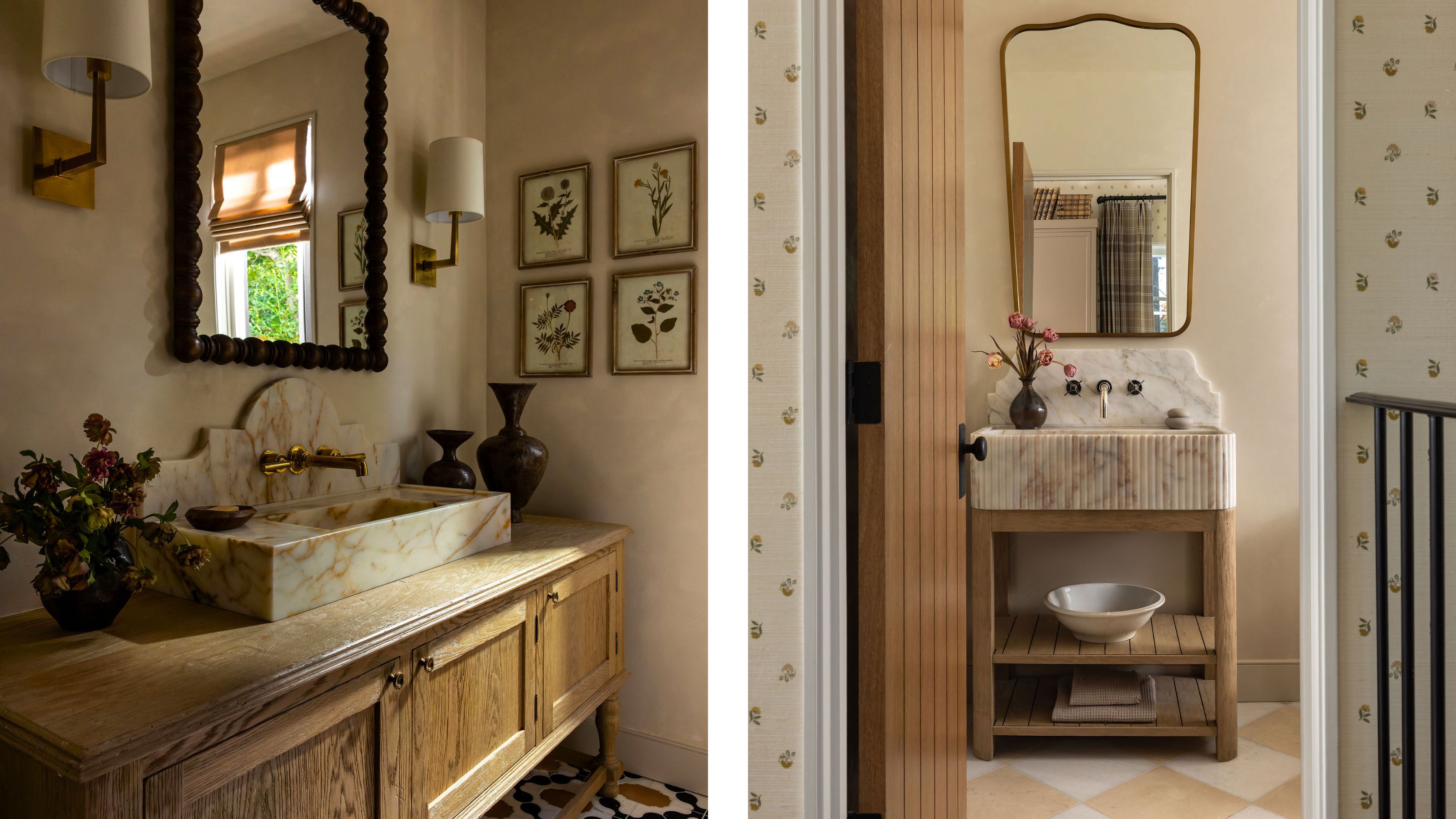 two side by side bathrooms - one with limewashed walls and a marble and wooden vanity the right with checkerboard floor and ditsy floral wallpaper
