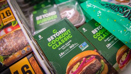 beyond meat burgers in a freezer at the supermarket