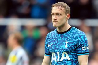Tottenham Hotspur's English midfielder Oliver Skipp reacts after the English Premier League football match between Newcastle United and Tottenham Hotspur at St James' Park in Newcastle-upon-Tyne, north east England on April 23, 2023. - Newcastle won the match 6-1.