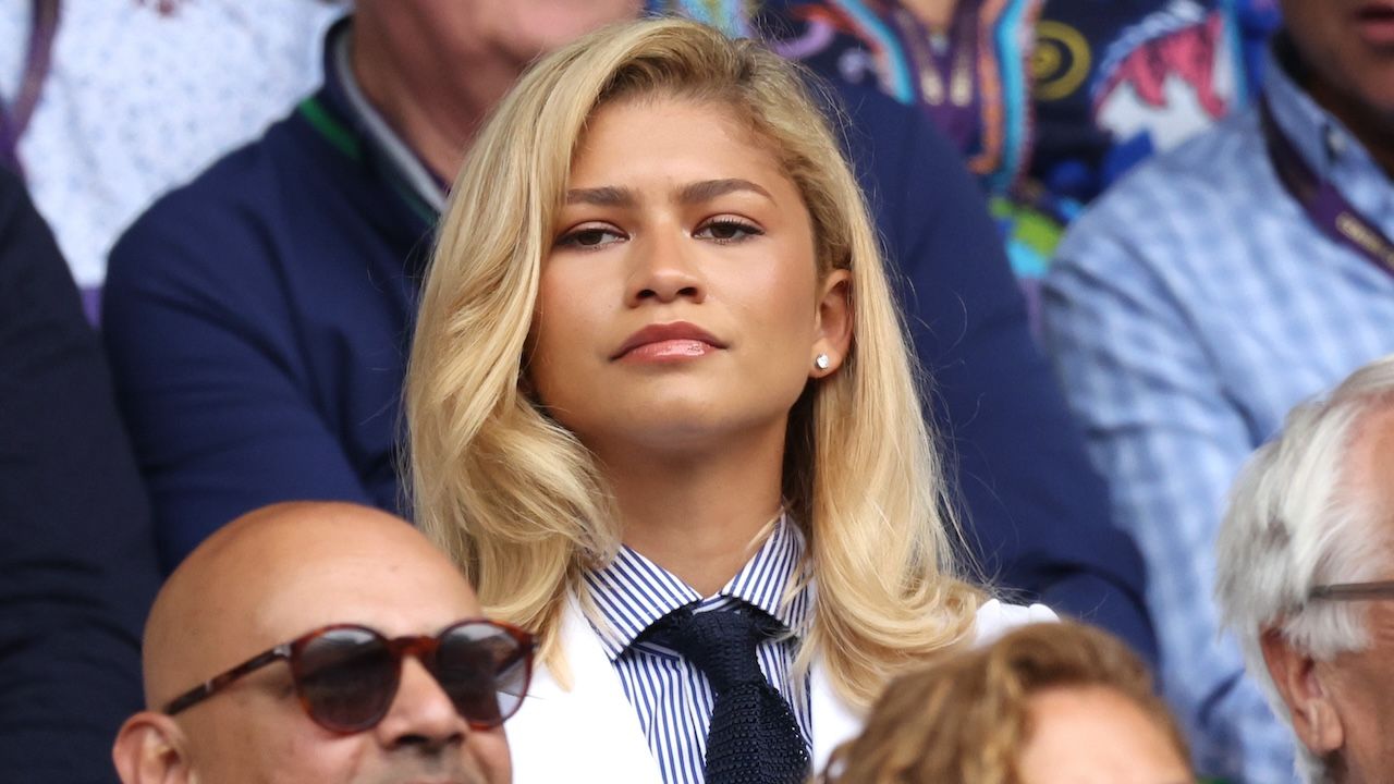 Zendaya at Wimbledon 2024 wearing a ralph lauren button down and tie