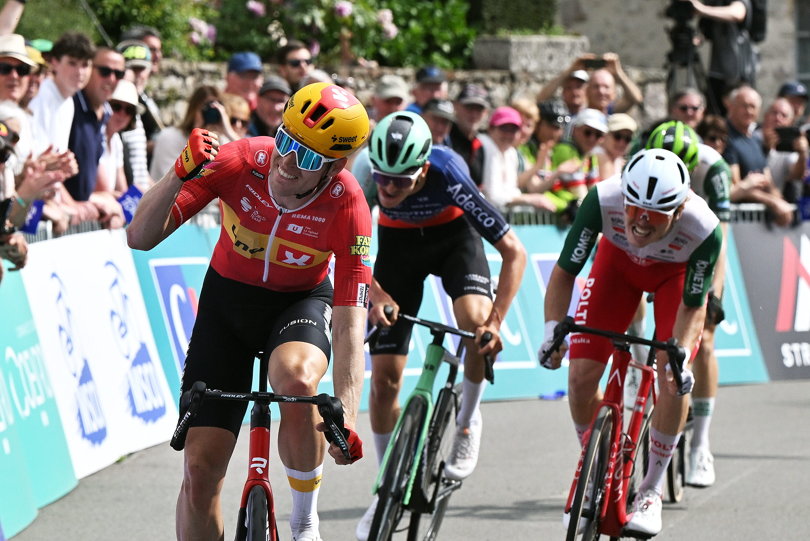 Alexander Kamp celebrates at finish line as stage winner ahead of Antoine L'Hote and Gabriele Bessega during the 72nd Region Pays De La Loire Tour 2026, Stage 3 