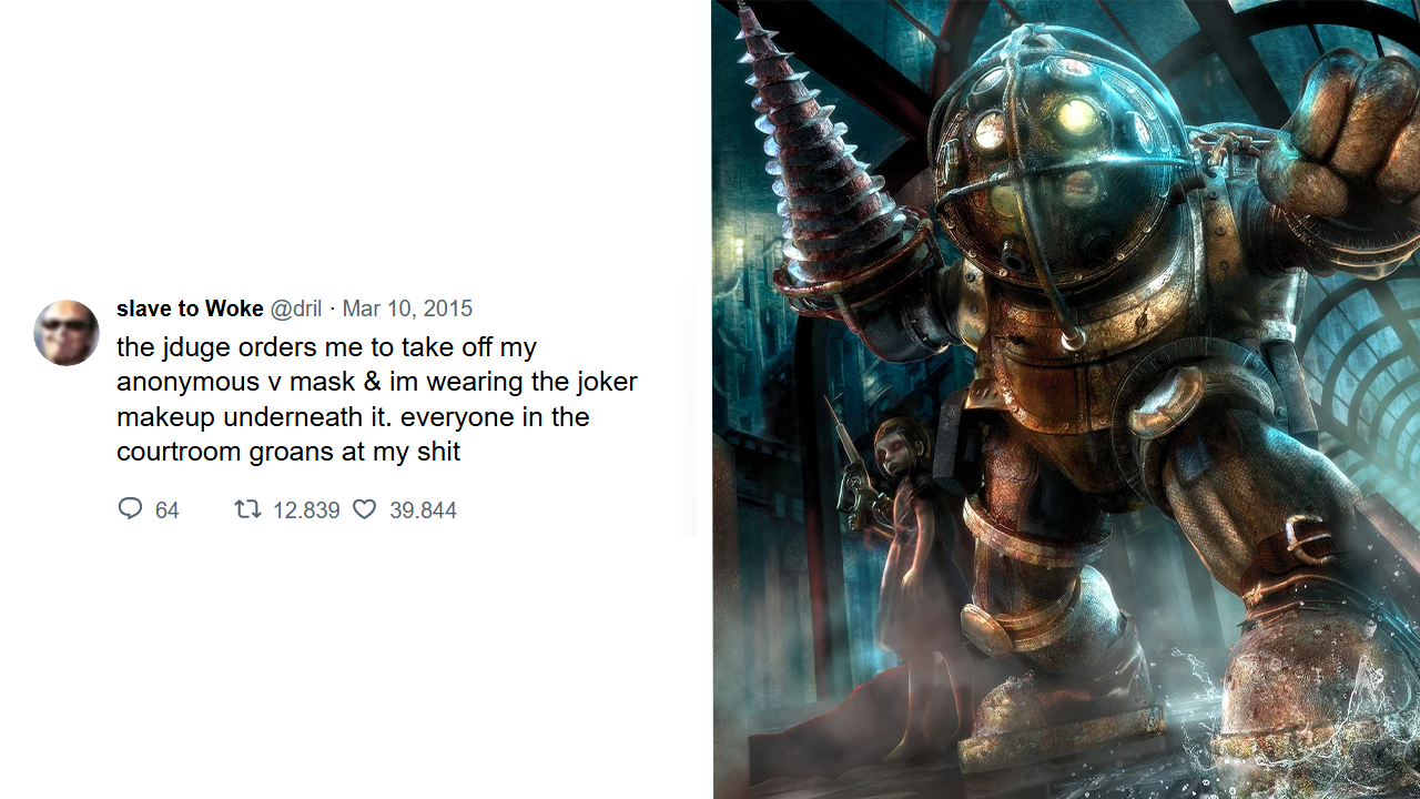 A dril tweet alongside art from the game BioShock