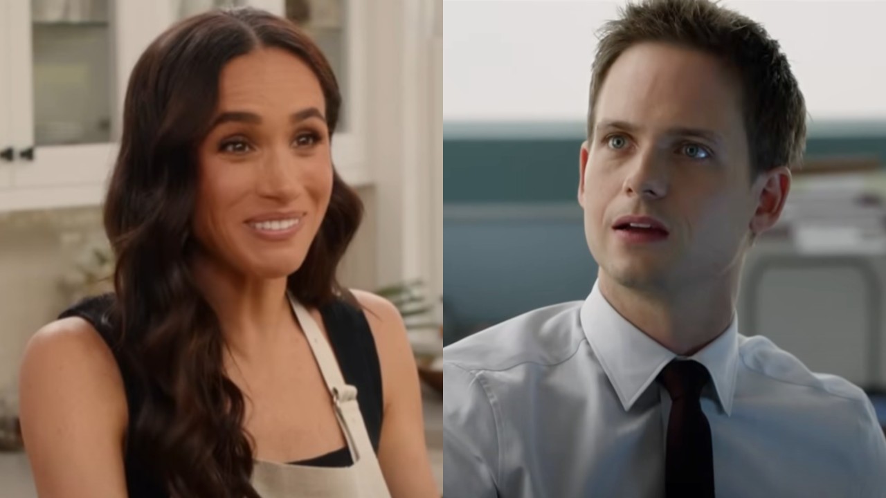 From left to right: Meghan Markle on With Love, Meghan and Patrick J. Adams on Suits. 