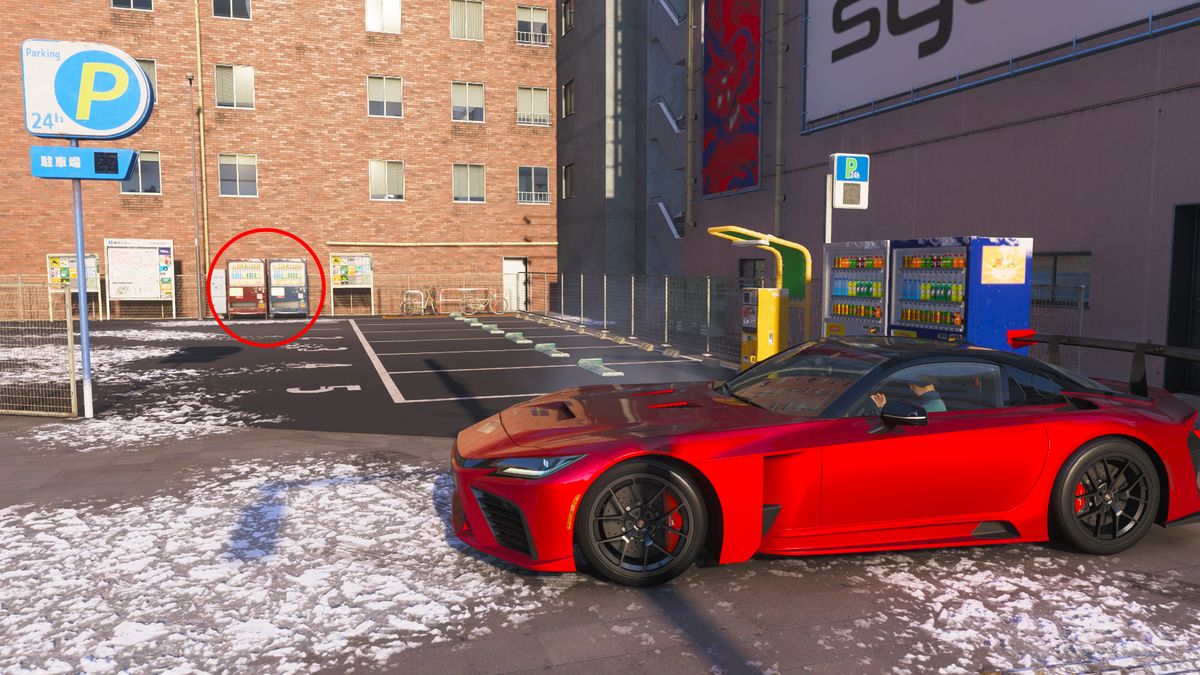 Forza Horizon 6 vending machines: A red GR GT parked in a snow-covered parking lot in Tokyo, with a red circle drawing attention to vending machines in the background.