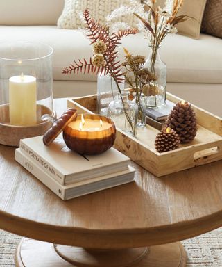 Coffee table styled with fall decor