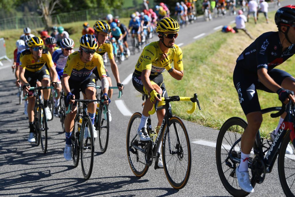 ORCIERES FRANCE SEPTEMBER 01 Jonathan Castroviejo of Spain and Team INEOS Grenadiers Julian Alaphilippe of France and Team Deceuninck QuickStep Yellow Leader Jersey Primoz Roglic of Slovenia and Team Jumbo Visma during the 107th Tour de France 2020 Stage 4 a 1605km stage from Sisteron to OrcieresMerlette 1825m TDF2020 LeTour on September 01 2020 in Orcieres France Photo by Tim de WaeleGetty Images