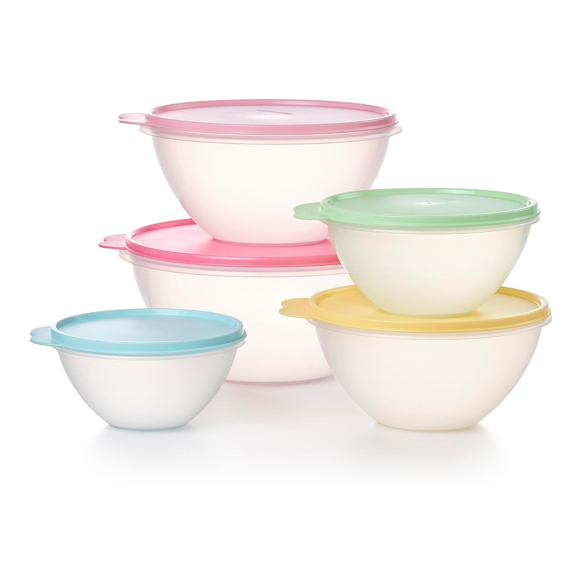 Vintage tupperware with clear bowls and pastel lids