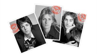 The three members of Band on the Run in 1973, as polaroid shots, in black and white on white background
